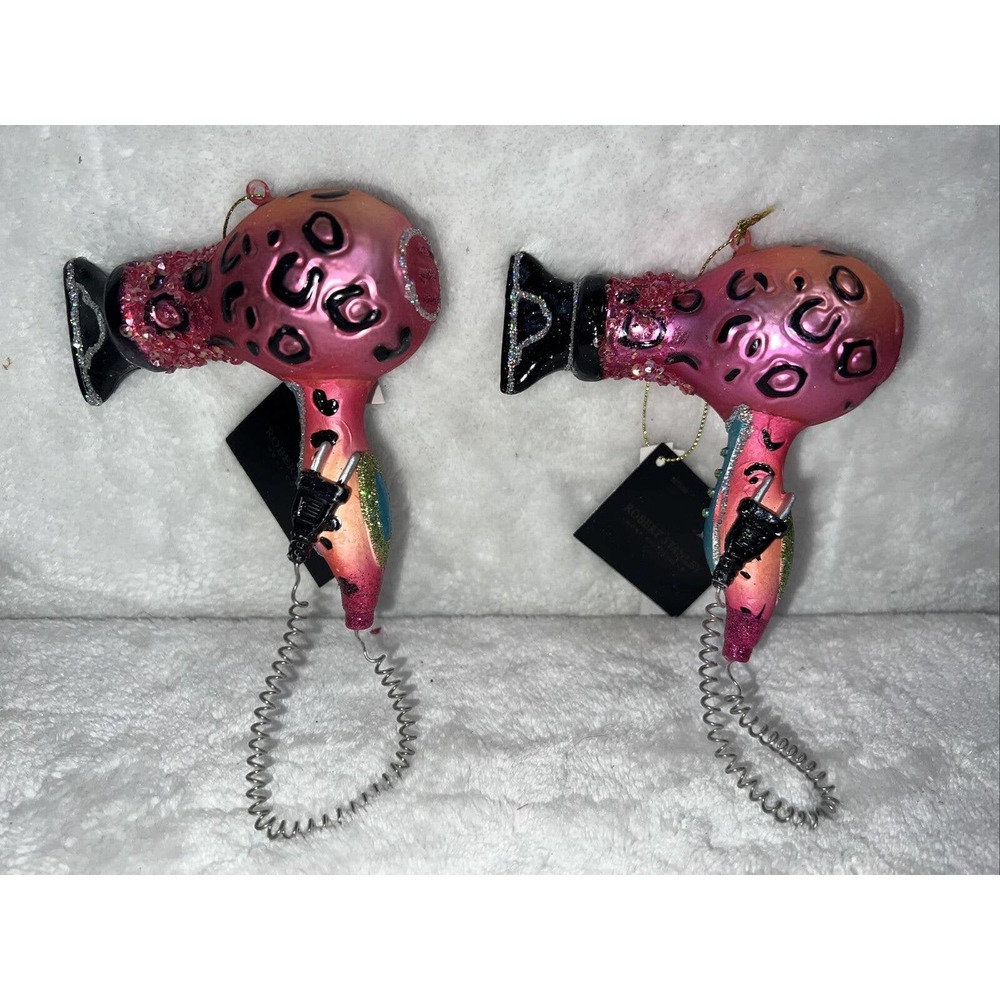 Robert Stanley SET OF 2 Beauty Salon Gifts Pink Glass Hair Dryer ORNAMENTS! NWT!